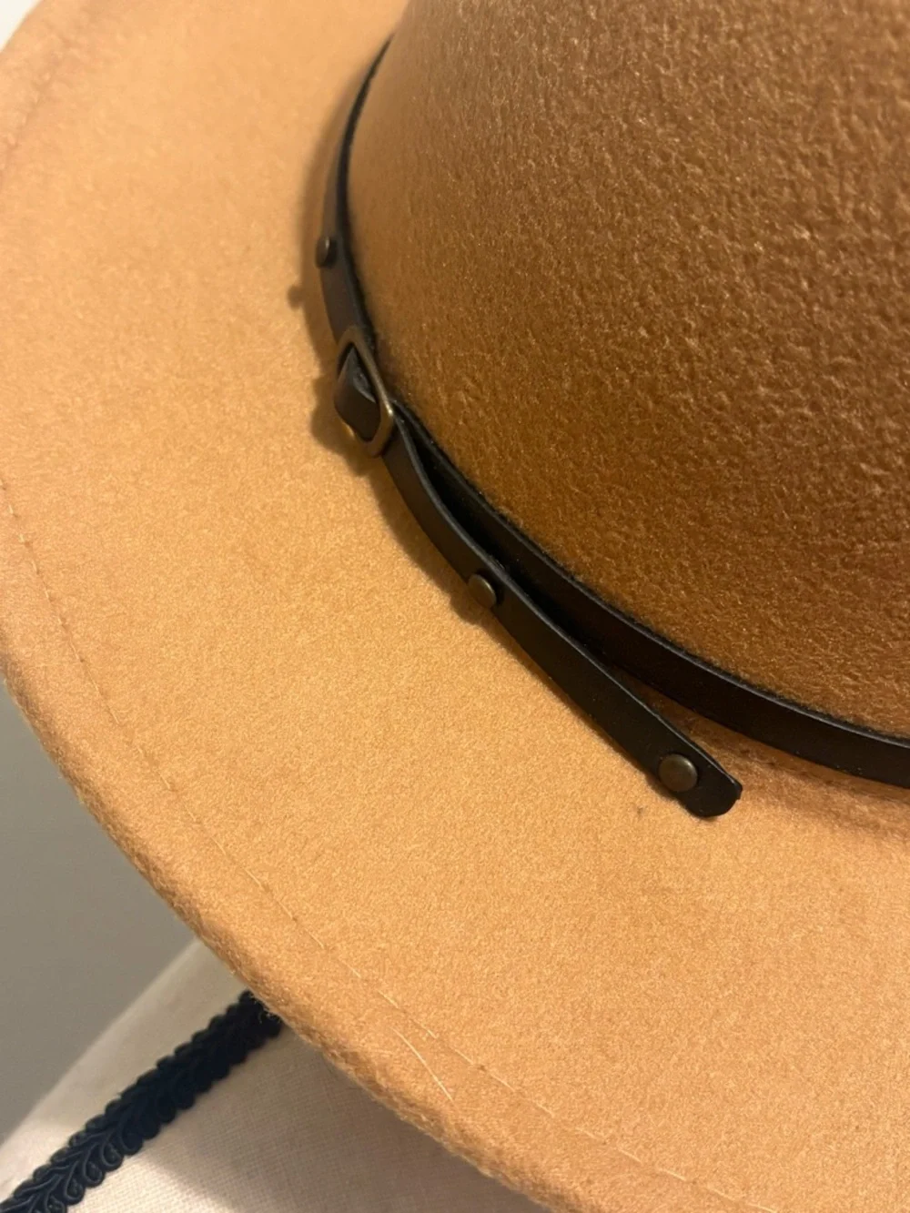 Camel Wide Brim Fedora Hat Tan Felt Panama Style with Buckle Belt Detail